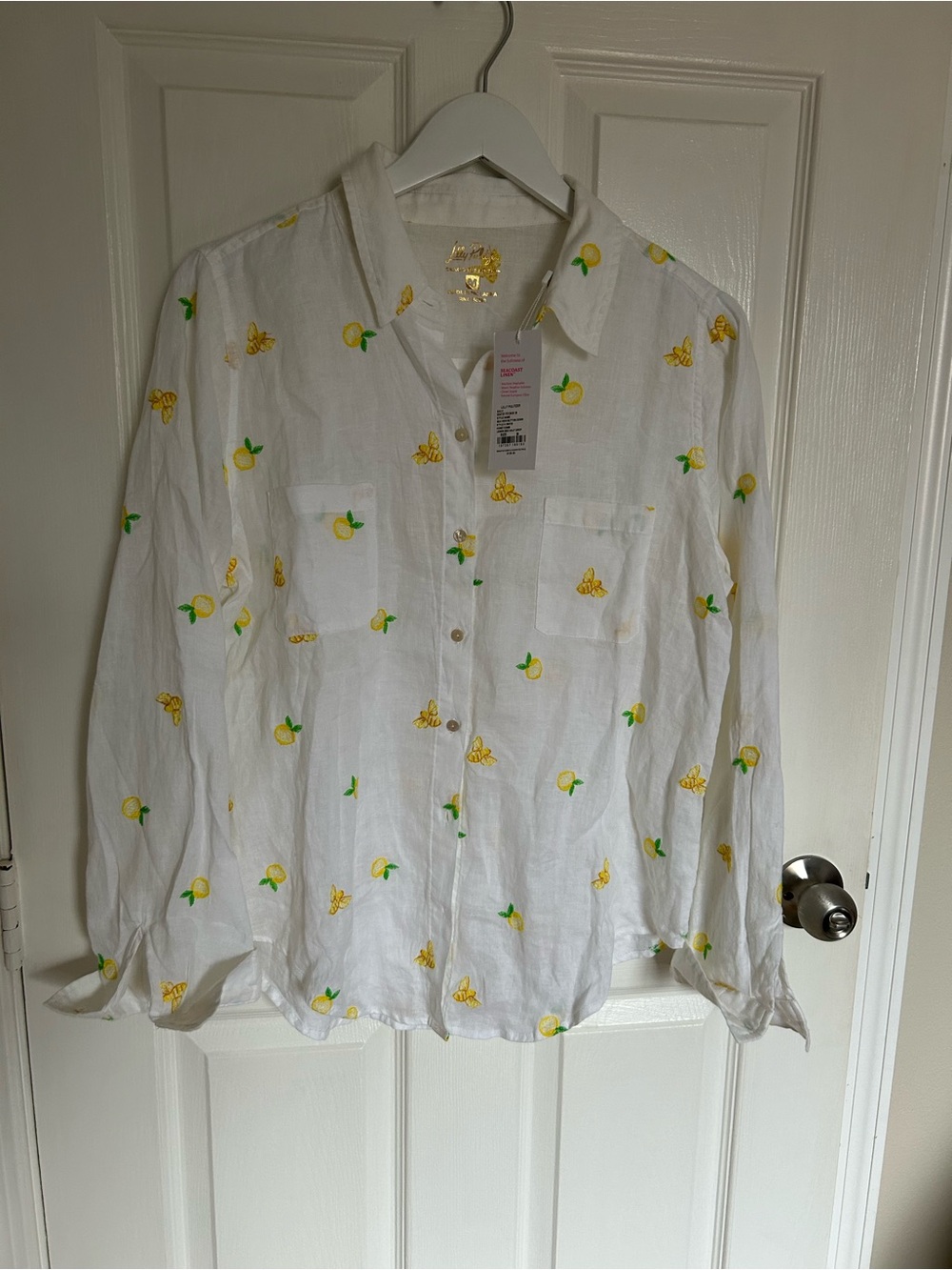 Lilly Pulitzer Seacoast Linen White Button-Down Shirt with Lemon and Bee